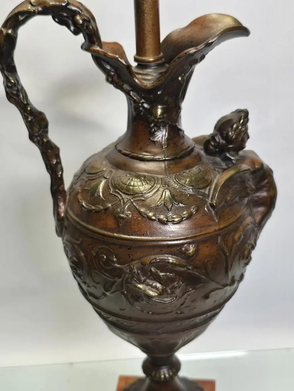 Grand Tour Style Bronze Figural Ewer Lamp Red Marble Base Heavy 29